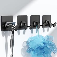 Adhesive Shower Hooks for Inside - Extra Sticky Stainless, Razor Holder Shower Accessories, Wall Mounted Self-Adhesive Double Hooks for Razor, Loofah, Towel, Shaver, Coat, Key, Matt Black, 4-Pack