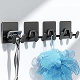 Shower Hooks for Inside Shower - Extra Sticky Stainless, Razor Holder Shower Accessories, Wall Mounted Self-Adhesive Double Hooks for Razor, Loofah, Towel, Shaver, Coat, Key, Matt Black, 4-Pack