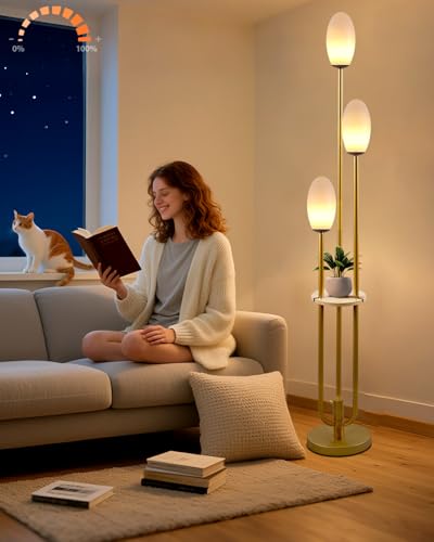 Lightdot Gold Floor Lamp Dimmable with Table, Tall Standing Lamps with 3-Oval Lampshades& LED Bulbs, 3000K Warmwhite Mid Century Modern Floor Lamp for Living Room Bedroom Home Office