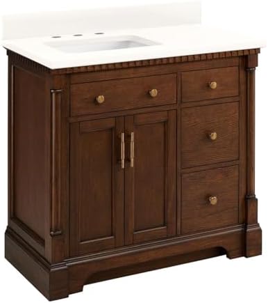 Signature Hardware 953831-36-RUMB Claudia 36" Single Vanity Set with Mahogany Cabinet, Quartz Vanity Top, and Rectangular Sink - 3" Faucet Holes - Antique Coffee/Arctic White