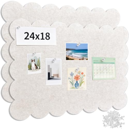 2Pcs Scalloped Felt Bulletin Board 24 x 18 Inches Cork Board Alternative for Wall Self Adhesive Foldable Felt Board with 44 Pushpins Message Photo Board for Home Office School