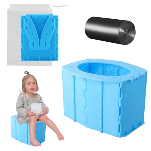 Orinal Plegable para Bebe, Orinal de Viaje para Niños, Orinales Portatil Infantil Plegable con Bolsas de Almacenamiento y Limpieza, Inodoro Portátil para Niños para Viajes Camping Coche, Azul