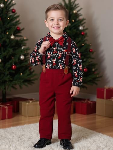 Image of Boarnseorl Baby Boys Pants Sets, Infant Long Sleeve Shirt + Pants + Bow Tie + Suspenders Outfits
