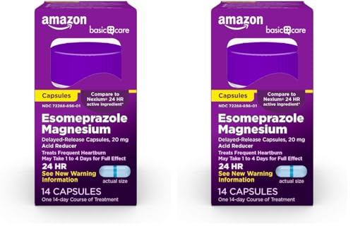 Image of Amazon Basic Care Esomeprazole Magnesium Delayed Release Capsules- 20 mg, Acid Reducer, Blue, 14 Count (Pack of 2)