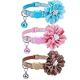 PUPTECK 3 Pack Leather Breakaway Cat Collars with Bell and Removable Flower -Adjustable Saftey Collars Cute and Soft for Cat and Small Animals Pets, Bling Pink, Green, Gold