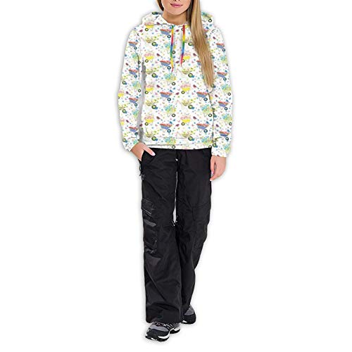 Women's Hoodies Sweatshirts,Rainbow Striped and Checkered Pattern Wheelbarrows Full of Wild Flowers and Birds XL