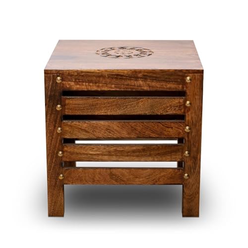 Image of SATTVA Wooden Stool for Living Room & Bedroom | Handmade Solid Mango Wood Stool with Antique Finish | Multipurpose Wooden Stool for Sitting, Footstool, Plant Stand, Side Table, Home - Brown