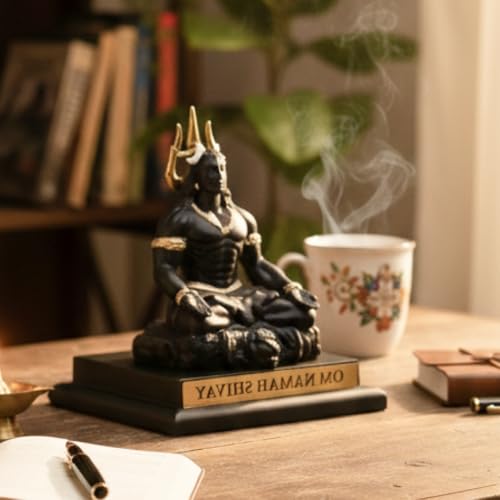 Image of Divine Hindu Adiyogi Shiva Trishul Damru with Base | Gold-Tone Resin Showpiece for Home Temple & Office Desk | Maha Shivratri, Sawan & Diwali Gift | Lord Shiva Idol for Meditation Space
