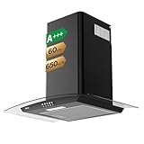CIARRA CBCB6506B Class A Cooker Hood 60cm 650 m³/h Curved Glass Chimney Hoods with 3 Speed Recirculating Ducting Kitchen Ventilation Extractor Fan with Carbon Filter