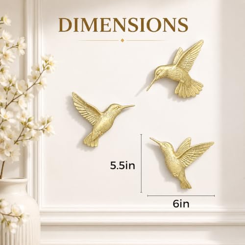 Image of GUSFREUD 3D Hummingbird Wall Decor Set - Gold Resin Bird Wall Decor for Living Room, Bedroom and Gallery Walls - Champagne Gold - Set of 3