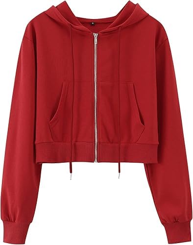 Image of Casual Wear Solid Crop Zipper Jacket Hooded Neck Full Sleeves with Kangaroo Pocket Hoodie for Women