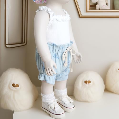 Baby Girls 3-Piece Set Ruffle Onesie, Denim Bloomer & Dolphin Print Shorts Summer Outfits for 3-18M4