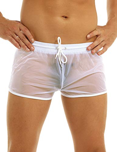 Men's Sheer Mesh Swim Trunks Translucent Drawstring Boxer Briefs Swimming Cover Up