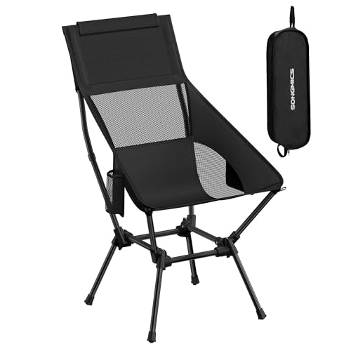 SONGMICS Campingstuhl, Strandstuhl hohe Rückenlehne, Gartenstuhl klappbar, höhenverstellbar, Stahlgestell, bis 150 kg belastbar, 2 Seitentaschen, Kopfstütze, Reisen, schwarz GCB051BZ01