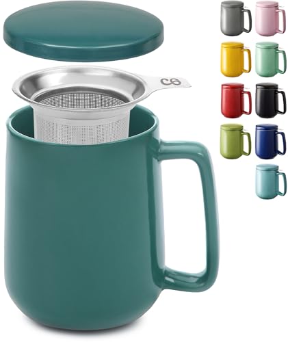 Cosumy Teetasse mit Sieb und Deckel - Keramik Blaugrün - Hält Lange warm - 500ml XXL Groß - Spülmaschinenfest