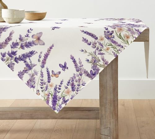 Artoid Mode Lila Blumen Lavendel Schmetterling Frühling Tischdecke, Tischwäsche Küche Tisch Dekoration Drinnen Urlaub Party Dekor 100x100 cm
