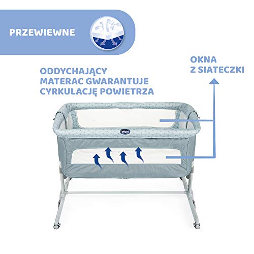 Chicco Next2Me Dream, Łóżeczko dziecięce boczne, łóżeczko do wspólnego spania, otwierany tył, regulowana wysokość, 4 koła i torba podróżna, 0-6 miesięcy, 9 kg, jasnoniebieski