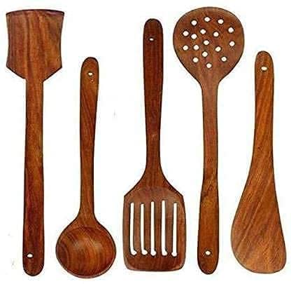 Image of Premium Wooden Kitchen Utensil Set - 5 Piece Natural Teak Wood Cooking Tools, Spatula, Ladle, Spoon Set - Non-Stick Safe, Heat Resistant, Eco-Friendly Kitchen Accessories (Pack of 5)