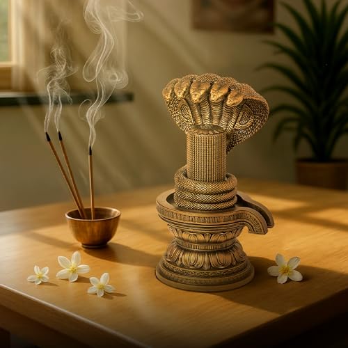 Image of SILAII 1008 Shiva Lingam with Naga Sculpture - 6-Inch Siva Lingam Idol for Pooja | Handcrafted Hindu God Statue in Antique Bronze Finish for Home Temple, Puja Room & Gifting