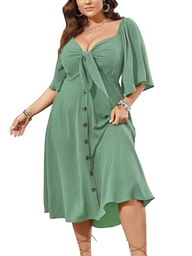 Image of SCOMCHIC Plus Size Summer Dress Casual Short Sleeve Bow Tie Deep V Neck Smocked Button Down Midi Flowy A-line Boho Dresses