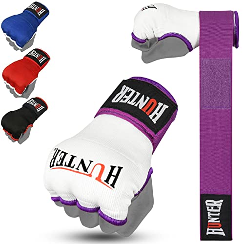 HUNTER Luvas internas acolchoadas em gel com envoltórios de mão para boxe (vem em par) (branco-roxo, P/M)