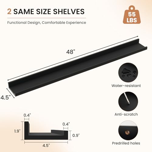 Dreamland Picture Ledge Shelf for Wall, Floating Shelves Set of 2, 48 Inch Long Floating Shelves with Lip for Living Room, Bedroom, Bathroom, Kitchen, Black - Thumbnail 3