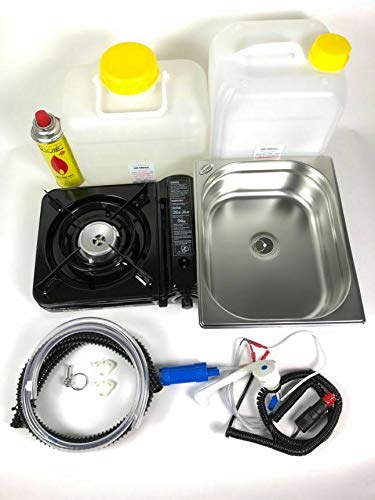 12V Wasseranlage Imbisswagen Verkaufsanhänger Campingküche Bausatz Spüle 325x265x100mm Novo Weiß 10L inkl. Camping Gaskocher (ad-ideen)
