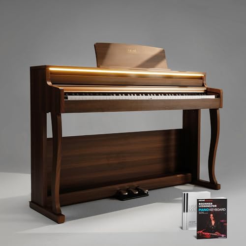 AKLOT Upright Digital Piano Keyboard: 88-Key Graded Hammer Action Weighted Keyboard with Ambient Light, Triple Pedal, USB-MIDI, Dual 25W Speakers, Beginner Lesson Book, Headphones, Stickers, AUR-LS02