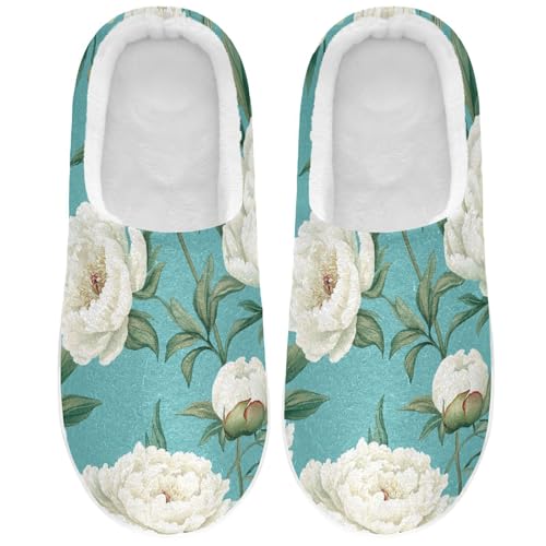 JUNZAN Art Peonies Turquoise Women Cotton Slippers Winter Memory Foam Mens Slippers for Spa Funny Presents 6-7