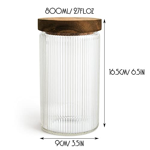 Ribbed Glass Jars, Stackable & Airtight Wooden Lid- Storage Canister For Cookies, Treats, Tea Or Sugar - Decorative High End Look For Kitchen, Pantry, Bar Or Bathroom Organization - 27 Oz, Single Set #TOP3