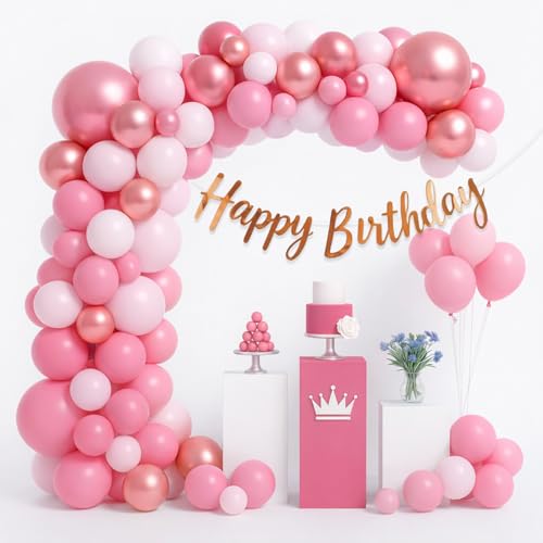 Image of Rozi Decoration Pink Balloon Kit with Rose Gold Happy Birthday Banner, Pastel Pink Metallic Balloons Garland Set for Girls Kids Adults Birthday Parties Decoration Supplies Pack of 42 Pcs