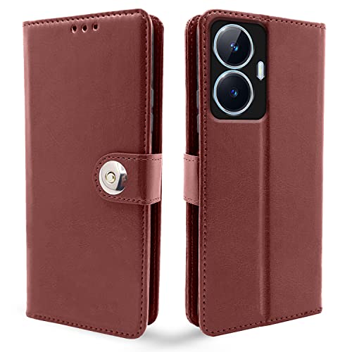 Pikkme Realme Narzo N55 / Realme C55 Flip Cover Leather Finish | Inside TPU with Card Pockets | Wallet Stand and Shock Proof | Complete Protection Button Flip Case (Brown)