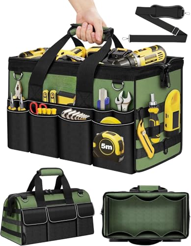 Oasisgalore 16-Inch Heavy Duty Tool Bag 19-Pocket Portable Organizer with Soft Handle for Electricians Mechanics Plumbers - Wide Mouth Storage Box