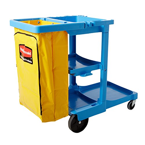 Image of Rubbermaid Commercial Products Traditional Janitorial 3-Shelf Cart, Wheeled with Zippered Yellow Vinyl Bag, Blue, 38.4 inch x 21.8 inch x 46 inch