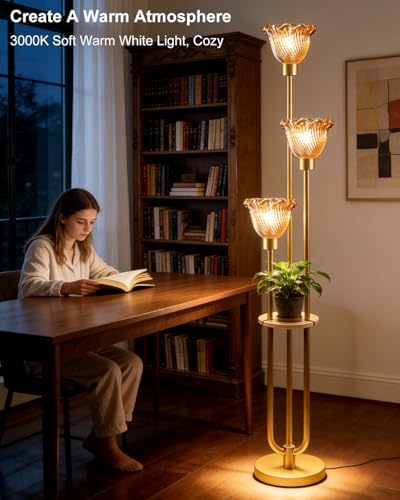 Image of Lightdot Glass Floor Lamp for Living Room Gold with Amber Glass Shade & 3000K Bulbs Included 3-Lights Modern Tall Standing Lamp with 5Lbs Heavy Base for Bedroom /Sofa Beside /Corner Decor /Party