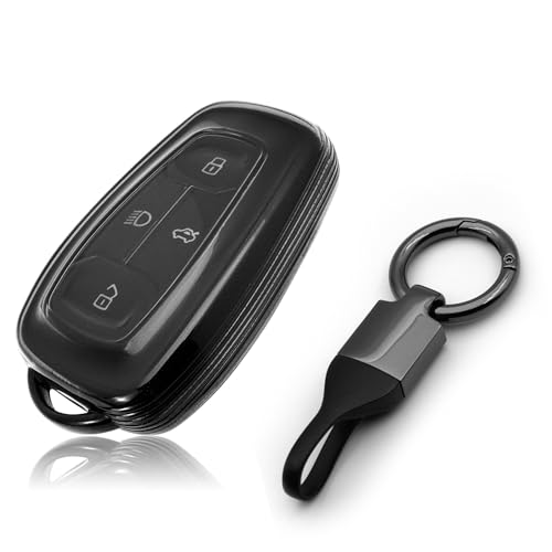 Image of JVCV Soft TPU Transparent Black Key Cover Compatible with Tata Nexon Harrier Safari Altroz Tiago EV Tigor Punch Punch EV Nexon EV 4 Button Smart Key | Slim Fit Case (Wtih Keychain - Style B).