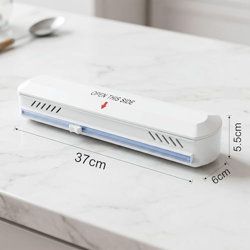 Image of Foil Paper Cutter and Holder Aluminium Foil and Plastic Wrap Organizer with Paper Towel Holder Compatible with Cling Film Tin Foil and Wax Paper Plastic Wrap Dispenser Cutter (White, Single Layer)
