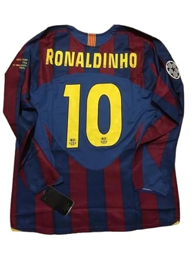 Ronaldinho Retro Long Sleeve Jersey CAMISTE 2005-2006 Full Champion League Patch RED&Blue Color (M)