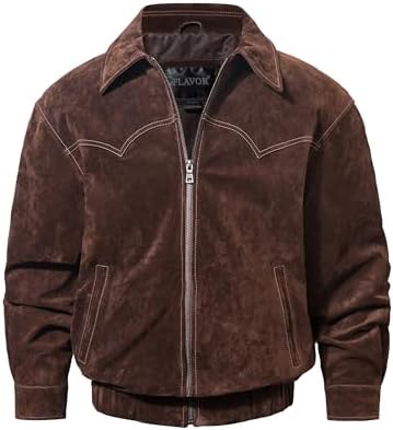 FLAVOR Men Genuine Leather Bomber Jacket Casual Fall Winter Jacke...