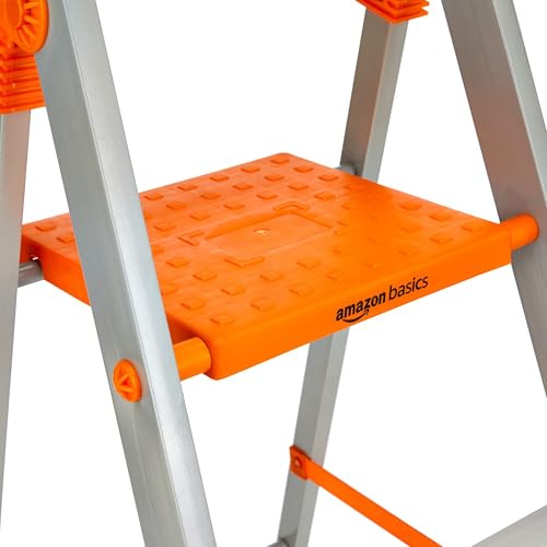 Image of Amazon Basics Clamber Pro+ - Foldable Step Ladder with Tool Tray, Firm Grip, 6 Steps (Aluminium Steps, Orange & Satin)