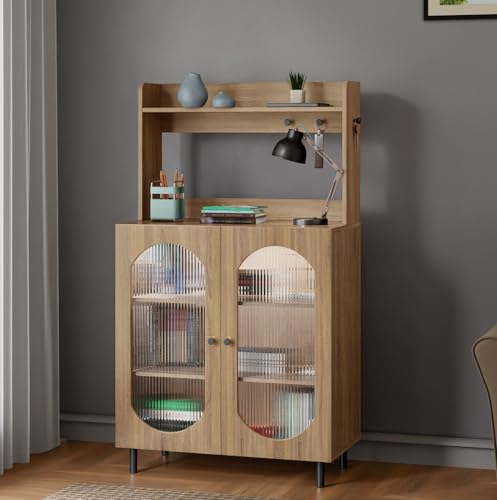 Image of Rocco Stellar Bookshelf with Upper Shelf, Auto LED Lights & Acrylic Doors | Engineered Wood Bookcase | Adjustable Shelves, Scratch-Resistant | Living Room, Library & Office (Oak, Medium Size)