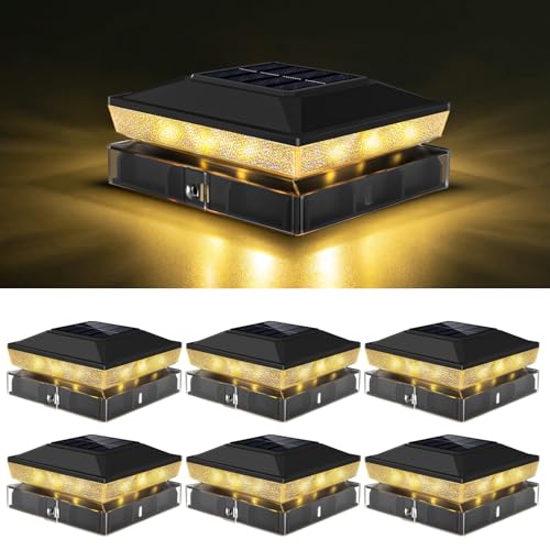 vighep 4x4 Solar Post Cap Lights Outdoor with 2 Color Modes, 6 Pack Black Fence Light Solar Powered Waterproof fit 3.5x3.5 4x4 Wooden/Vinyl Posts for Deck Patio Backyard Porch Pathway