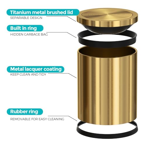 Image of 4 Gallon Gold Bathroom Trash Can with Lid, Metal Brushed Waste Basket, Modern Garbage Can for Bedroom Powder Room Hotel Living Room Office Home (Gold)