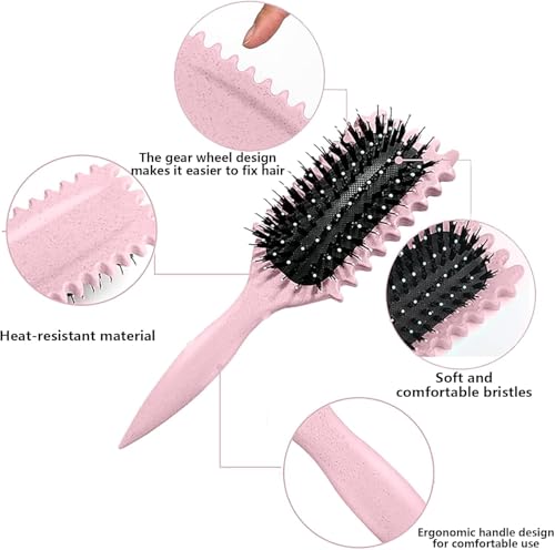 Image of Combelle 5-in-1 Curl Hair Brush, Vegan Boar Bristles, Bio-Baked PLA Handle, Detangling and Frizz Control for Curly Hair (Pink)