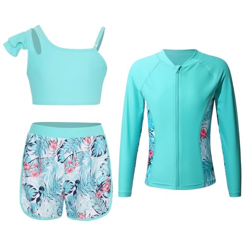 Girls 3Pcs Rash Guard Athletic Swim Top Bikini Crop Top Bottoms Surfing Bathing Suits