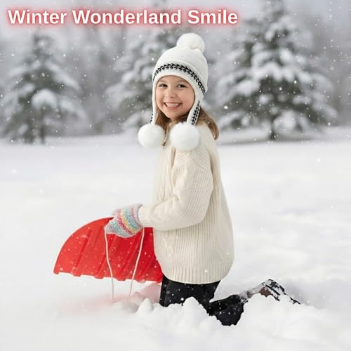 Image of Kraptick Children's Winter Cap: Velvet Thick Warm Woolen Knit Hat with Ear Protection for Children Stylish Korean Beanie with Long Pompom Ears & Fleece Lining Perfect for Winter -4