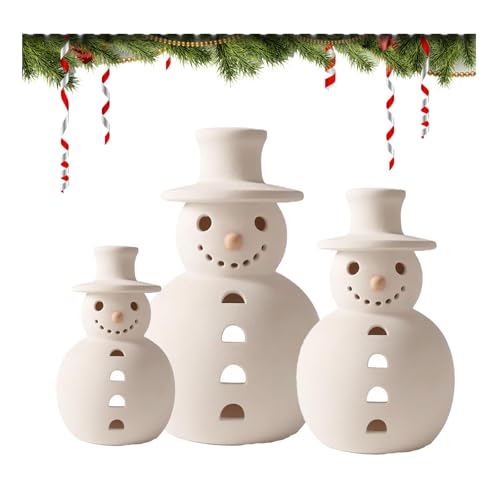 3PCS Handmade Terracotta Snowman Figurine(S+M+L), White Clay Winter Christmas Decor,