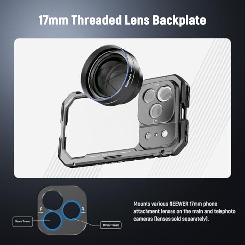 Image of NEEWER Phone Cage Compatible with iPhone 17 Pro, Quick Release Video Rig Stabilizer Accessories with 67mm Filter Ring, 17mm Lens Backplate, T Mount Adapter, 4X Camera Control Cap, PA143 (Black)