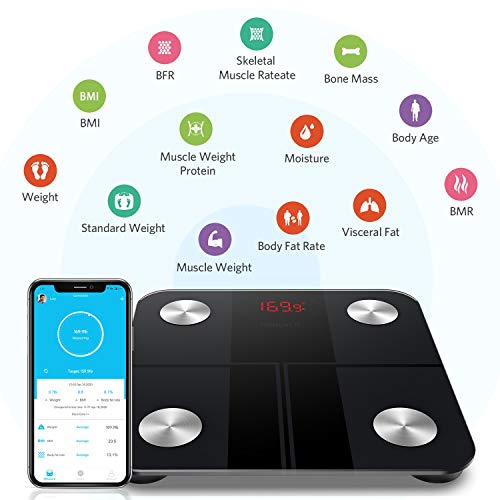 Bluetooth Body Fat Scale, HOMEVER Smart BMI Scale Digital Bathroom Wireless Weight Scale, Body Composition Analyzer with Smartphone App with Bluetooth, 400 lbs - Black