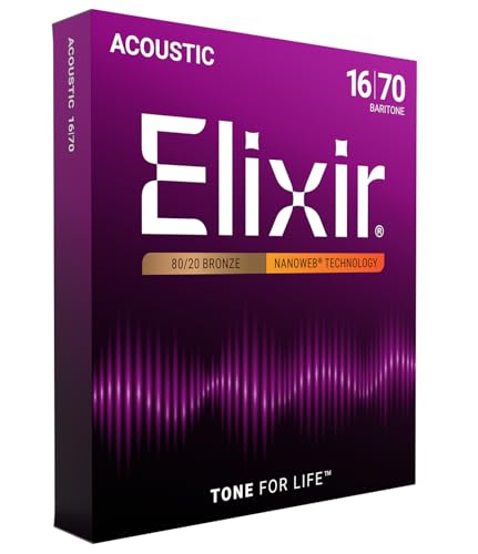 Image of Elixir Strings, Acoustic Guitar Strings, 80 /20 Bronze with NANOWEB Technology, Longest-Lasting Bright and Focused Tone For Life with Comfortable Feel, 6 String Set, Baritone 16-70
